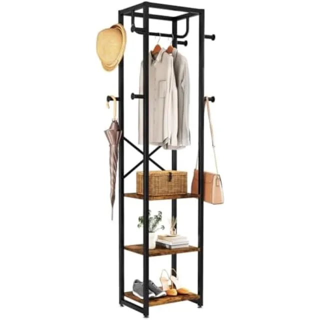 PromoHome Vrijstaande kapstok met 3 planken en 8 haken, kledingstandaard voor entree, hal, slaapkamer, 180 x 40 x 30 cm, Natuurlijk en Zwart