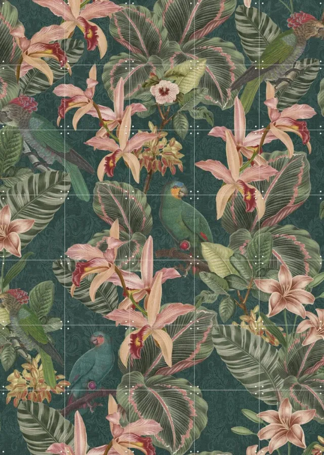 IXXI Jungle Parrots Midnight Garden, Bloomery Decor - 100 x 140 cm - Grote wanddecoratie en posters - Ornamenteel Ontwerp, Fantasierijk, Decoratieve Groen