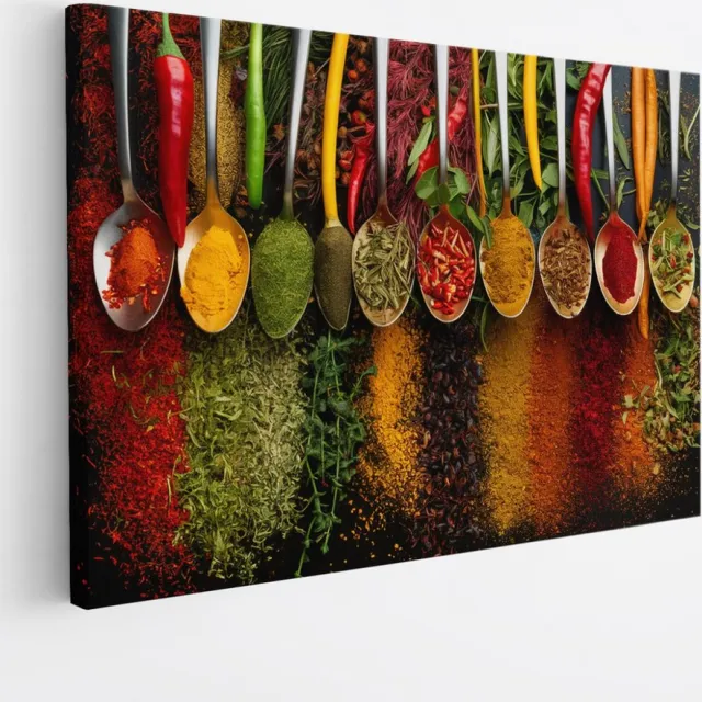 Saammp Canvas Schilderij - Lepels met kruiden - 30x20 - Foto op canvas - Wanddecoratie - Muurdecoratie keuken - Slaapkamer decoratie - Canvas Print Multicolor