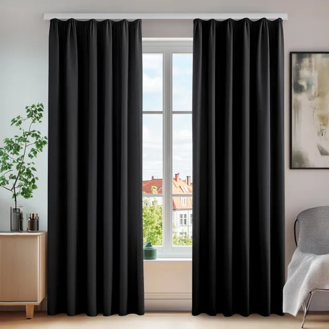 Famanu Set van 2 ondoorzichtige thermische gordijnen met plooiband, 260 x 140 cm (hoogte x breedte), zwart