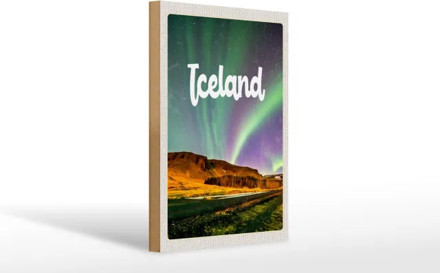 Femer Holzschild Reise 20x30cm Iceland Retro Polarlicht Geschenk Multi-coloured