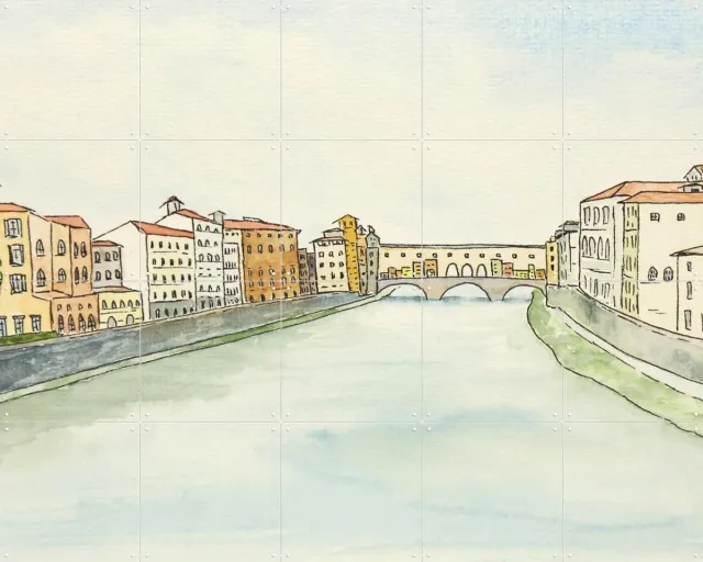 IXXI Ponte Vecchio Florence, Natalie Bruns - 100 x 80 cm - Grote wanddecoratie en posters - Illustraties, Aquarel, Woonkamer, Gang, Bruggen Lichte tinten / Beige