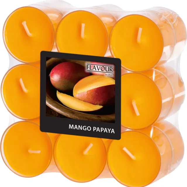 Conpax Candles Geur theelichtjes/waxinelichtjes - transparant - 18x - Mango-papaya aroma - 6 branduren Donkergeel