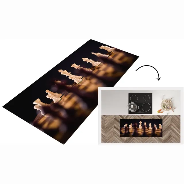 KitchenYeah Keukenloper - Loper keuken - Een schaakspel zwarte achtergrond - Keukenloper vinyl Multicolor