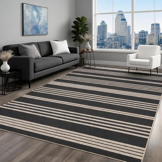 Danky Modern Vloerkleed Linnen Look 80x150 cm Zwart-wit - Opvouwbaar Kleed met Antislip Onderkant