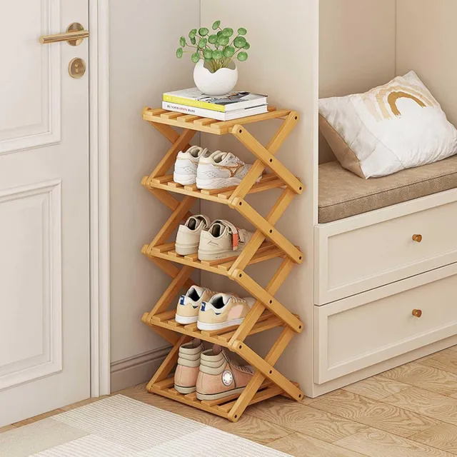 Famanu Schoenenrek met 5 niveaus, opvouwbaar schoenenrek van bamboe, natuurlijk, multifunctioneel, verticaal schoenenrek voor ingang, hal, slaapkamer, woonkamer, ruimtebesparend bruin