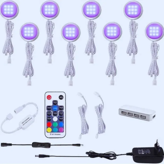 BOG Set Van 8 RGB LED Kastverlichting - Dimbaar- Kleurverandering Met Afstandsbediening- 12V LED Onderbouwlampen Voor Keukenkasten En Vitrines [Energieklasse E] As shown