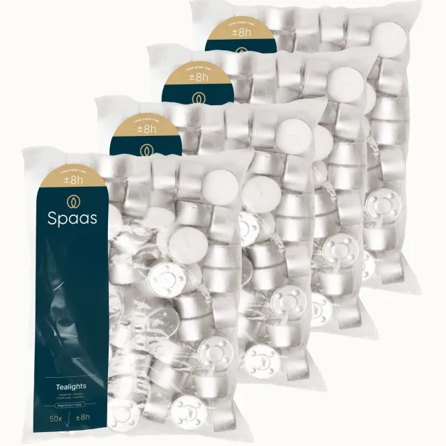 Spaas Theelichten Grootverpakking – 200 kaarsen – Geurloos – circa 8u - Ø3,9cm Wit