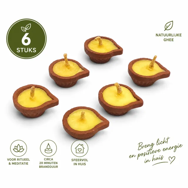 Buddhalife Authentieke Ghee Kaarsjes met Terracotta Houder – 6 Stuks – Meditatie en Rituelen