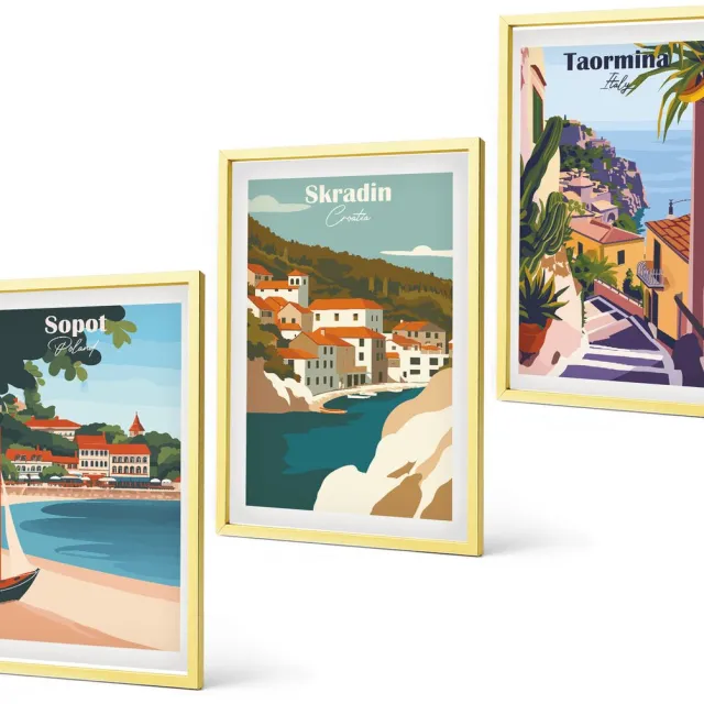 Coloray 3-Delige Schilderij Set - Europese Stadsgezichten Met Kleurrijke Gebouwen - 40 x 40 cm En 40 x 60 cm - Wanddecoratie - Muurdecoratie - Woonkamer Gouden lijst