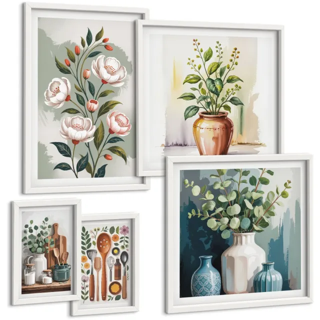 TULUP 4-Delige Schilderij Set - Stijlvolle decoraties met plantmotieven en keukenaccessoires - 50 x 50 cm, 20 x 30 cm en 40 x 60 cm - Wanddecoratie - Moderne Interieurdecoratie Witte lijst