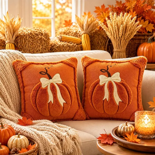 ZVD Decoratieve kussenhoezen met herfstpompoen – 45 x 45 cm – Set van 2 – Geschikt voor herfst, Thanksgiving- en Halloween-interieur – Oranje pompoendesign
