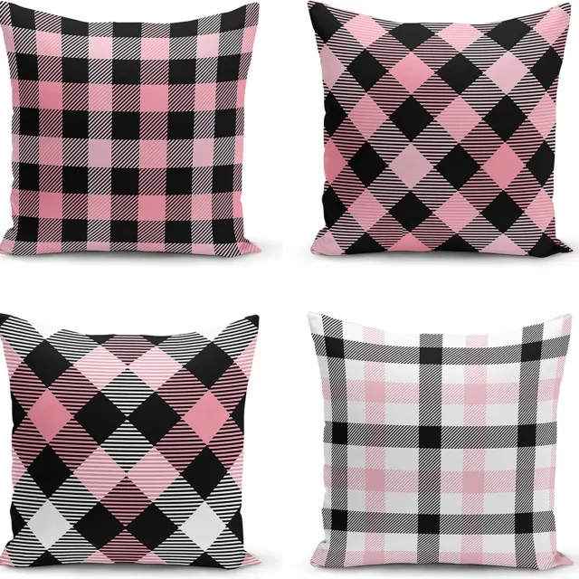 Kwube Kussenhoes Voor Sierkussens 45x45 cm Set Van 4 Zonder Binnenkussens | Roze En Zwarte Plaid | Kussenhoezen | Kussensloop | Kussensloop Gooien | Decoratieve Kussenhoesjes | Decoratief Gooi Kussen | Met rits | Zonder Binnenkussen Kussenhoes