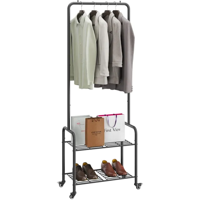 Unyqoos Vrijstaand kledingrek met wielen en dubbele opbergruimte voor slaapkamer 61 x 32 x 176 cm Zwart