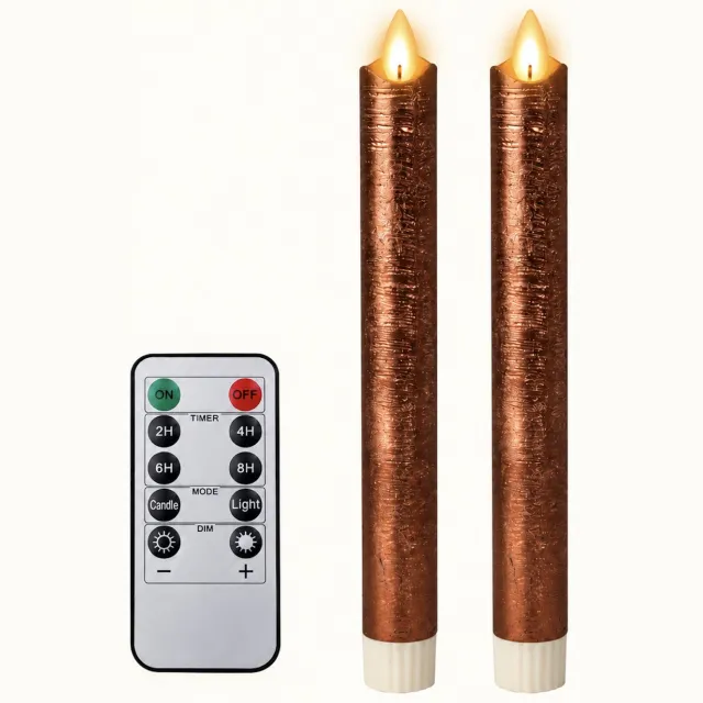 Foryouliving LED kaarsen met bewegende vlam 2x - Brons - Bronze - Afstandsbediening - Dinerkaars rustiek wax 24.5 cm - LED kaars batterij - Timer