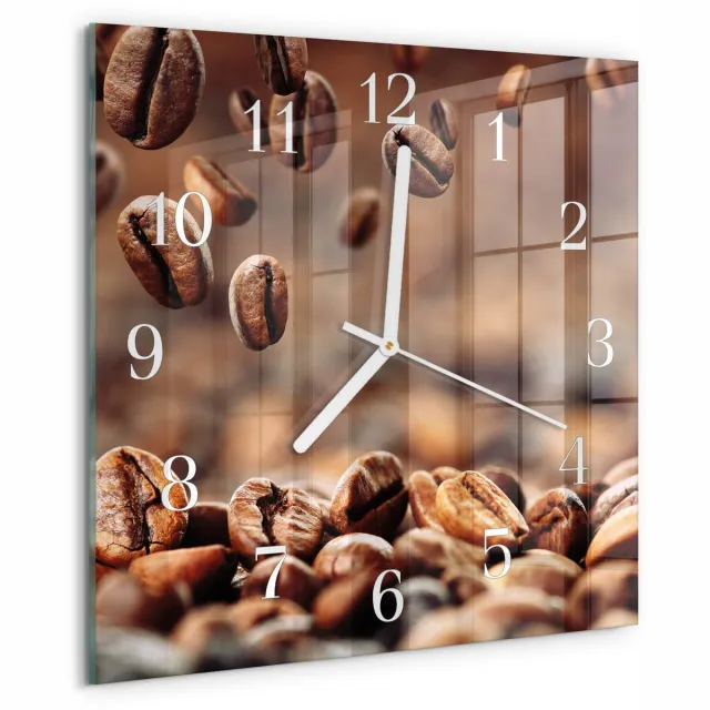 TULUP Wandklok - Koffiebonen Decoratieve Glazen Klok - 30x30 cm - Bruin Glazen Wandklok Design - Witte Handen - Vierkante Wandklok - Glazen Wandklok Design - Klok Glas Met Opdruk Bruin - Koffiebonen
