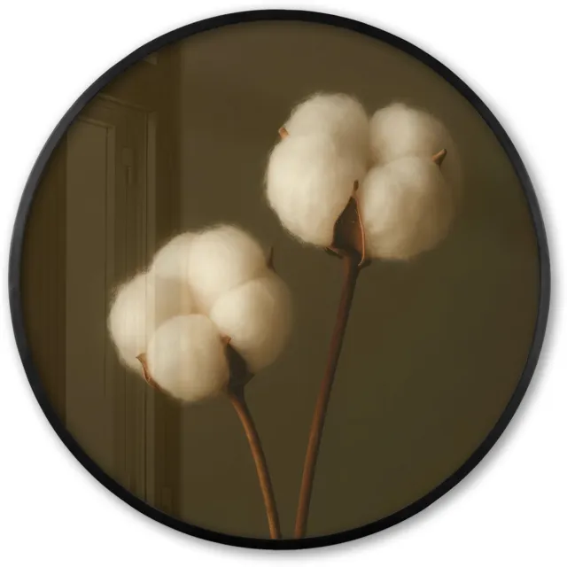 FrameYourWall Poster in lijst Rond - Fotolijst 80x80 cm - Posters - Takken - Katoen - Wit - Bollen - Ronde posterlijst zwart - Decoratie - Wanddecoratie woonkamer - Muurdecoratie slaapkamer