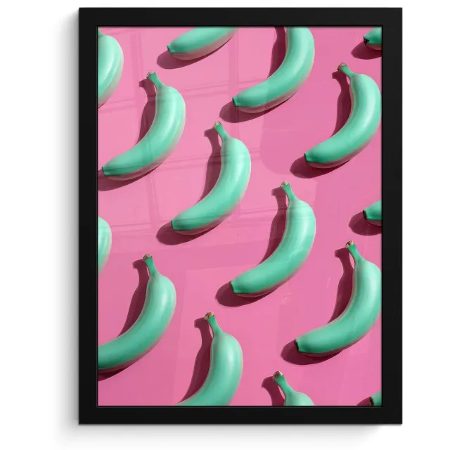 FrameYourWall Poster in lijst - Fotolijst 30x40 cm - Posters - Bananen - Patroon - Blauw - Roze - Posterlijst zwart - Decoratie - Wanddecoratie woonkamer - Muurdecoratie slaapkamer