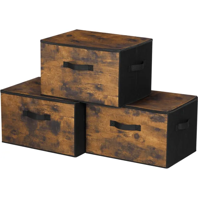 Songmics Opbergbox - Opbergdoos - Met Deksel - 3-Delige Set - Opvouwbare - Handgrepen Vintagebruin