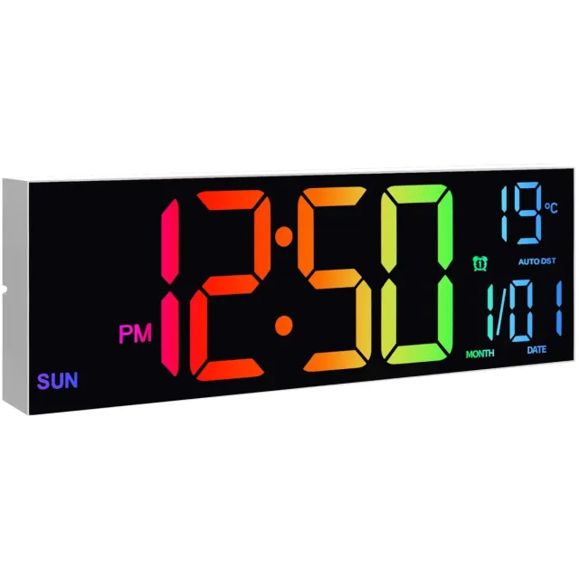 DeltaMerch Digitale Klok - Wandklok - Nachtlampje - 16 inch LED Display - 8 Kleuren - Datum en Temperatuur weergave -Zwart