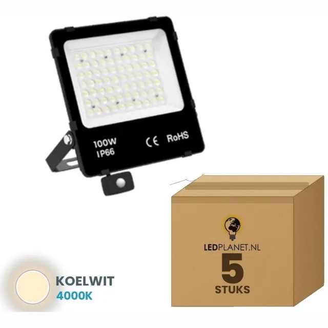 Tsong LED schijnwerper 100W - 5 stuks - Koelwit 4000K - 15.000 lm - 150 lm/W - 90° - bewegingssensor - IP66