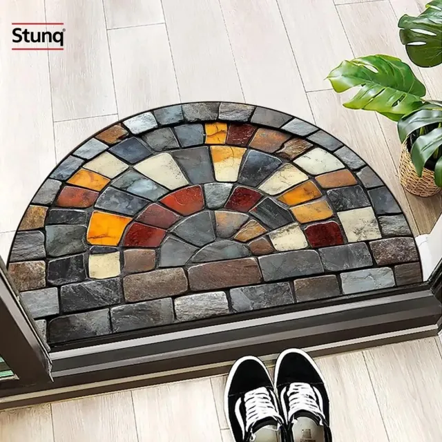 Stunq Halvemaanvormige deurmat met kleurrijke steenprint - waterdicht, antislip Grijs