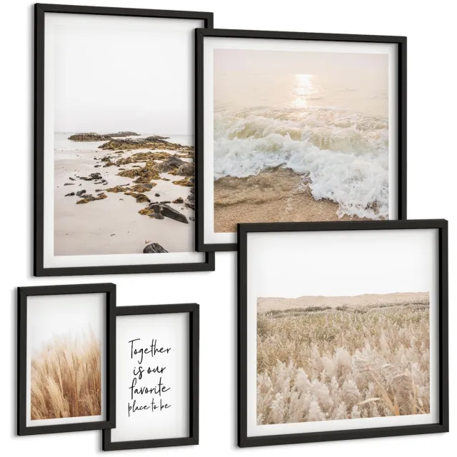 TULUP 4-Delige Schilderij Set - Natuurlijke strandlandschappen met natuurthema en citaat - 50 x 50 cm, 20 x 30 cm en 40 x 60 cm - Muurdecoratie - Decoratieve Schilderijen - Wohnzimmer Zwarte lijst