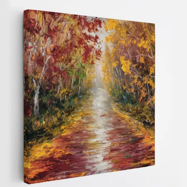 Saammp Canvas Schilderij - Abstract Herfstachtig Bospad - Landschap - Natuur - 40x40 - Foto op canvas - Wanddecoratie - Muurdecoratie Woonkamer - Slaapkamer decoratie - Canvas Print Multicolor