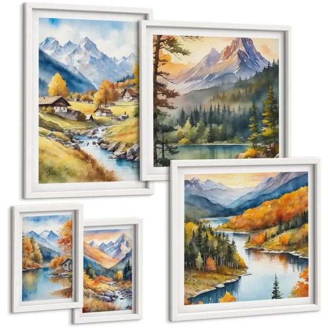 TULUP 4-Delige Schilderij Set - Berglandschappen met pittoreske valleien en rivieren - 50 x 50 cm, 20 x 30 cm en 40 x 60 cm - Schilderijen Set - Wanddecoratie - Woonkamer - Interieur Decoratie Witte lijst