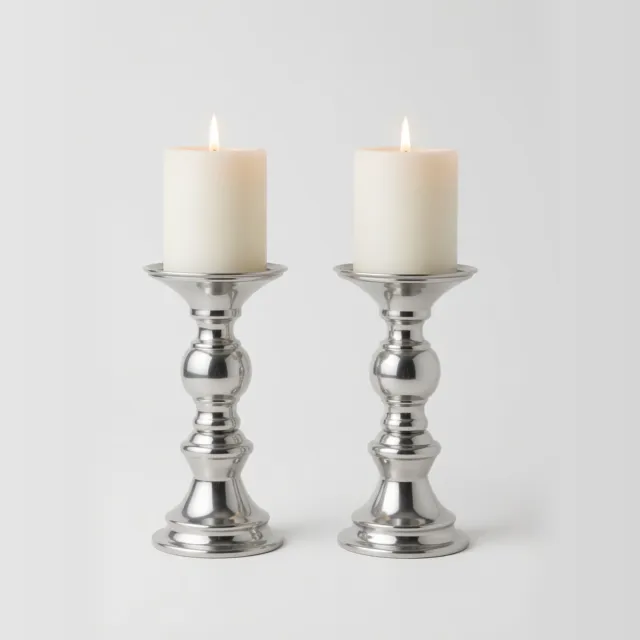 RALA Nuptio Zilveren Pijler Kandelaars - Set van 2 Metalen Kandelaars voor 50mm Kaarsen - Hoogte 15cm - Decoratie voor Bruiloft, Feest en Woonkamer