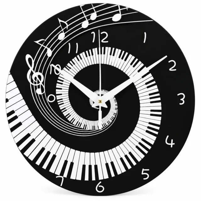 SWGOTA Zwart-witte wandklok 30 cm met spiraalvormige pianotoetsen en muzieknoten, ronde enkelzijdige klok met witte wijzers
