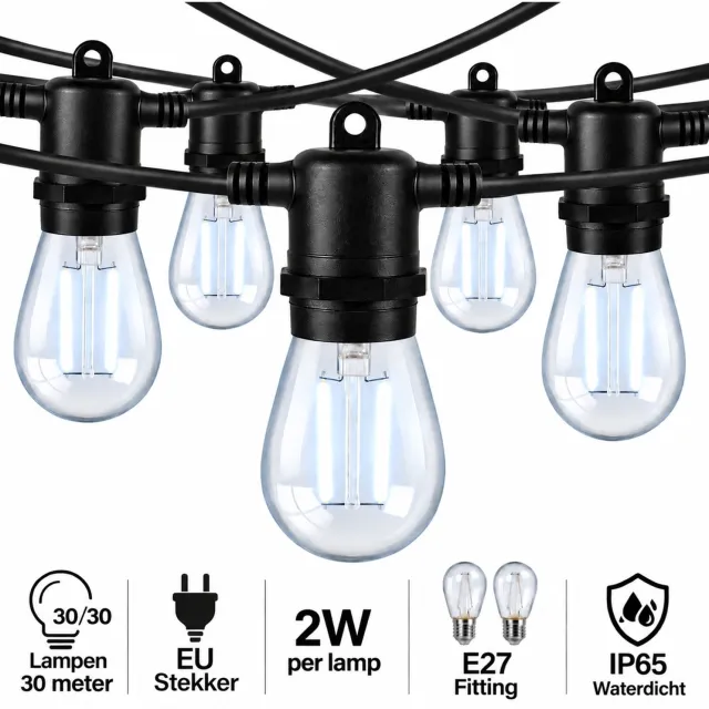 Wantohave Lichtsnoer Feestverlichting Buiten - 30 Meter - 30 LED Filament Lampen - E27 Fitting - 2W - Koel Wit - IP65