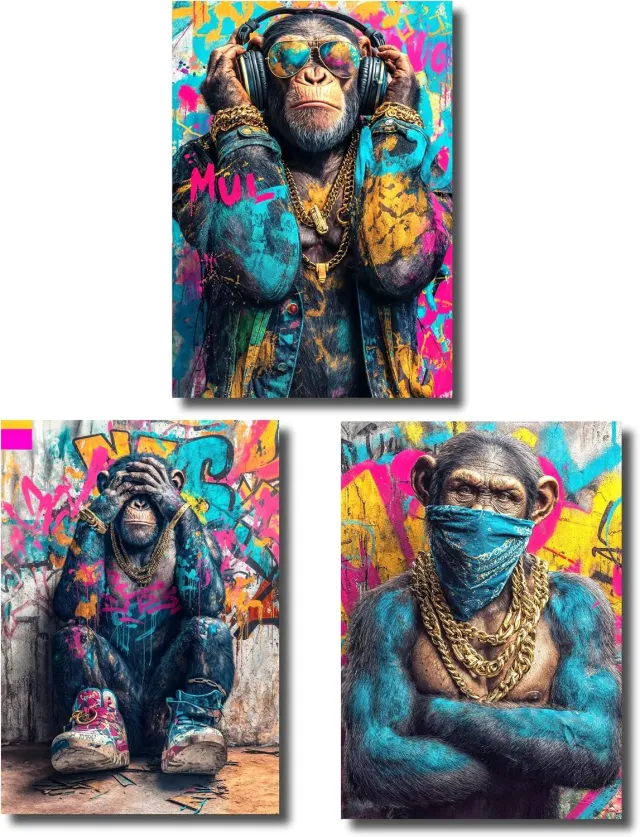 Clean Sports Set van 3 A2 Posters: 3 Apen Street Art, Geen Evil