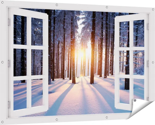 Gards Tuinposter Doorkijk Bos met Sneeuw tijdens de Zonsondergang - 150x100 cm - Tuindoek - Tuindecoratie - Wanddecoratie buiten - Tuinschilderij Wit