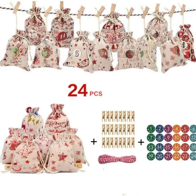 MOZY #2 DIY Adventskalender Zakjes - 24 Jute Zakjes - Meerkleurig - Inclusief Knijpertjes en Touw - Adventskalender Zelf Vullen - Kerstdecoratie - Kerst - Kerstcadeau - Aftellen Kerst