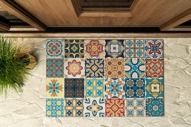 Coloray Buiten Deurmat - Blauw Droogloopmat Buiten - Azulejo tegels Vuilvangmat Buiten - Moderne Entree Inrichting - Zomer Buitenmat - Modieuze Buitenmat Met Design - 90x60 cm Blauw - Azulejo tegels