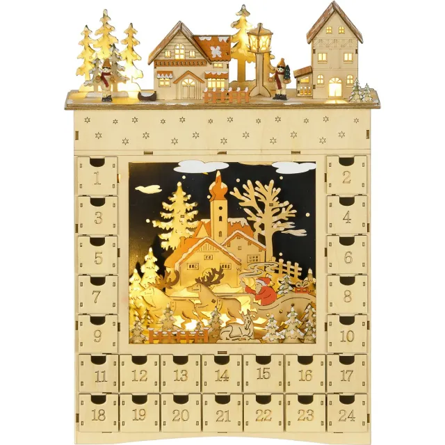 ECTEATOY Adventskalender 2026 - besneeuwd dorpdesign met 24 lades en warmwit licht - MDF - 36 x 9 x 52 cm Houtkleur