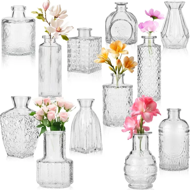 Famanu Set van 12 kleine vintage glazen vazen voor tafeldecoratie Transparant