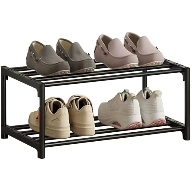 Famanu Schoenenrek met 2 niveaus, roestwerende coating, compact en stapelbaar, perfect voor slaapkamers, huurhuizen en balkons, kleur zwart