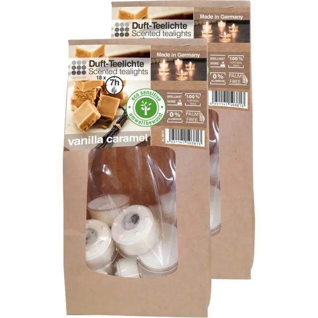 Enlightening Candles 36x Geurtheelichtjes vanille/karamel 7 branduren - Geurkaarsen vanillegeur/karamelgeur - Waxinelichtjes - Eco/milieubewuste kaarsjes Wit