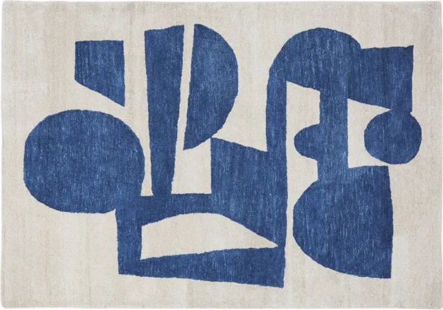 LENY Handgemaakt vloerkleed van wol, linnen en viscose in ecru en blauw 160×230 beige