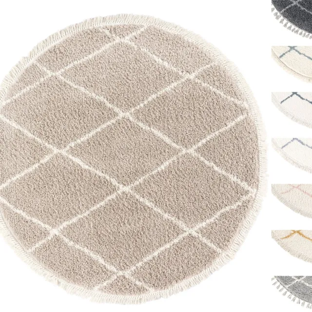 TESSO LIVING Vloerkleed Shaggy Rond, Tapijt, Beige, Hoogpolig, 155cm Cirkel, Superzacht, Franjes, Berber stijl