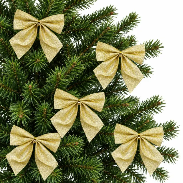 House of Seasons Kerst ornamenten strikken - 24x st - goud - 10 x 12 cm - kerstboomstrikjes Goudkleurig
