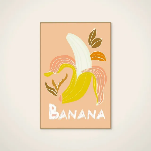 HelloWalls Akoestisch schilderij - 60 x 90 cm - Fresh Peeled Banana van casa cartissi - Abstracte wanddecoratie - goud textielframe Meerkleurig