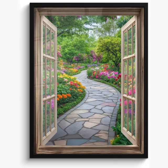 FrameYourWall Poster in lijst - Fotolijst 50x70 cm - Posters - Doorkijk - Bloemen - Tuinpad - Natuur - Raam - Posterlijst zwart - Decoratie - Wanddecoratie woonkamer - Muurdecoratie slaapkamer