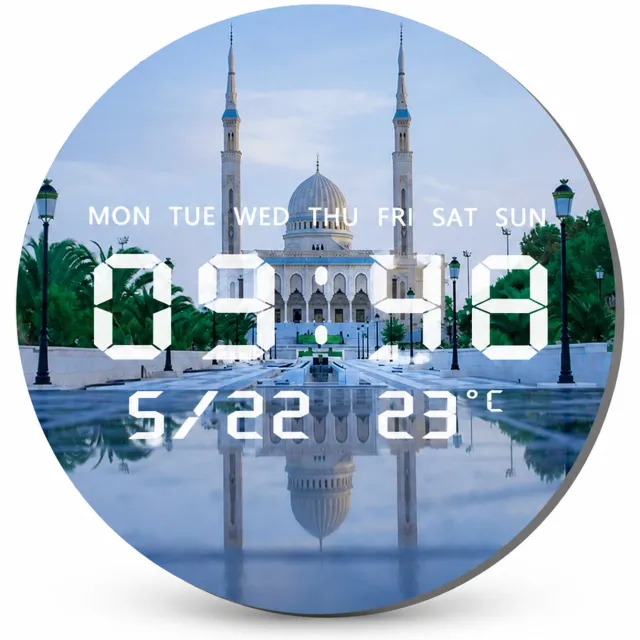 SWGOTA Digitale LED-wandklok 30 cm rond met moskeeafbeelding, temperatuur, datum en weekdagaanduidingen, 30 mm dik