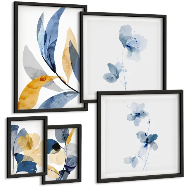 Coloray 5-Delige Schilderij Set - Plantmotieven In Pasteltinten Voor Interieurs - 50 x 50 cm, 20 x 30 cm En 40 x 60 cm - Wanddecoratie - Woonkamer Decoratie - Muurdecoratie Zwarte lijst