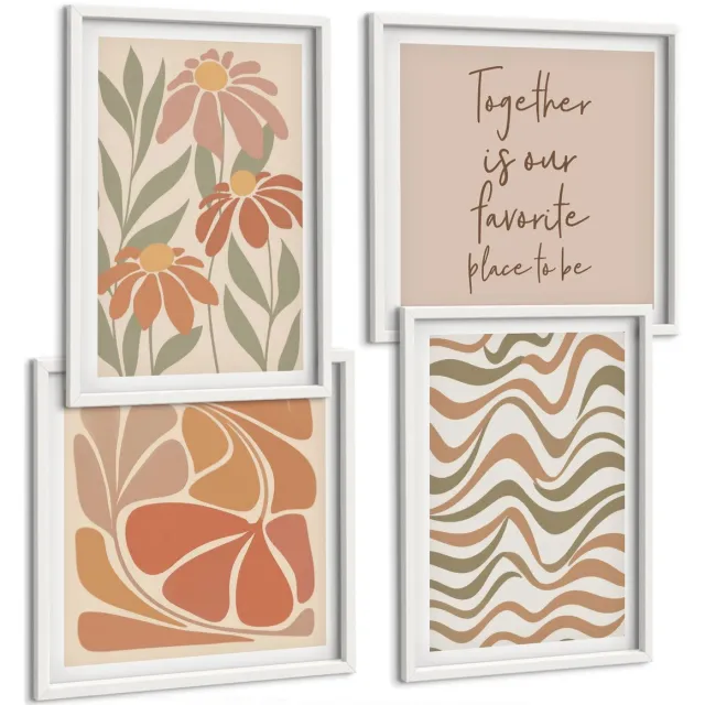 TULUP 4-Delige Schilderij Set - Pastelkleurige bloemen en abstracte patronen - 40x40 en 40x60 - Decoratieve Schilderijen - Wanddecoratie - Hal - Moderne Wanddecoratie Witte lijst