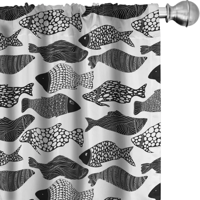 ABAKUHAUS Visgordijnen – 2x75x245 cm – Zentangle-waterdieren – microvezel Charcoal Grau Weiß