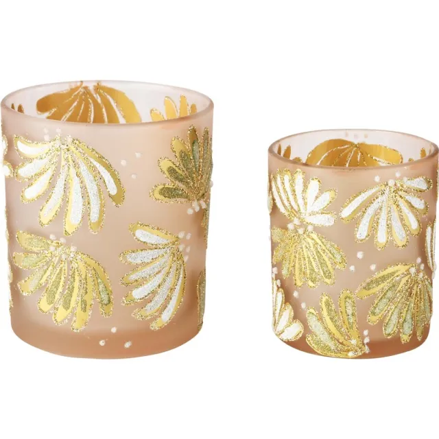 dekoratief Set 2 theelichthouders 'Glitter Fan', roze/goud, glas, 9x9x10cm | A255290